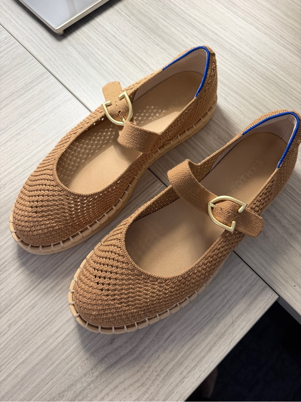 Rothy's Tan Knit Mary Jane Flats with Gold Buckles